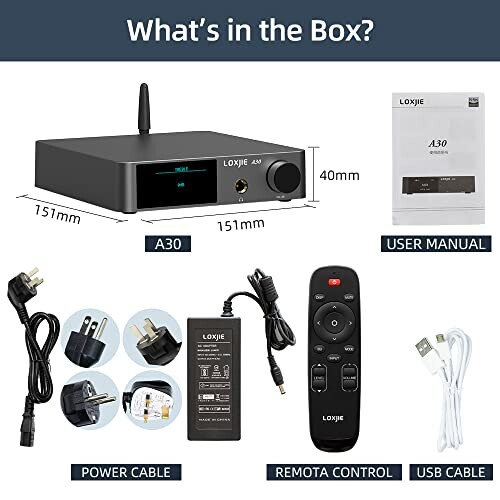 Contents of the LOXJIE A30 box: audio amplifier, user manual, power cable with adapters, remote control, USB cable.