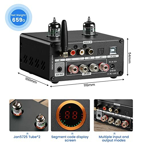 Rear view of a compact audio amplifier with various input and output ports, including Bluetooth, RCA, and USB.