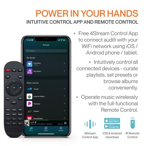 Phone displaying audio control app and remote control.