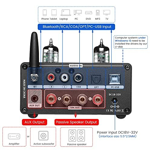 Bluetooth amplifier with various audio input and output options including RCA, COA, OPT, PC-USB, and AUX.