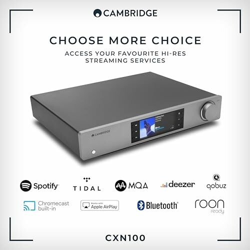 Cambridge CXN100 streaming device showcasing various streaming service logos.