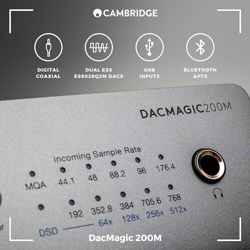 Front panel of Cambridge DacMagic 200M with features highlighted.