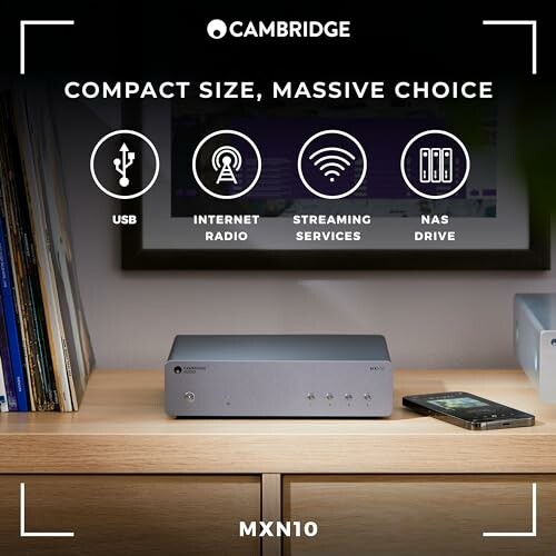 Cambridge MXN10 audio streamer with USB, internet radio, streaming services, NAS drive options.