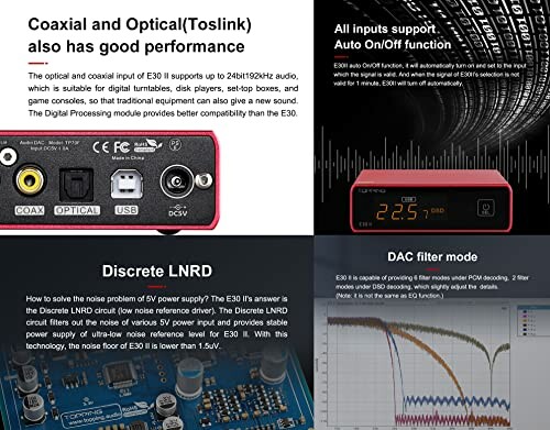 E30 DAC features including coaxial, optical, and filter modes