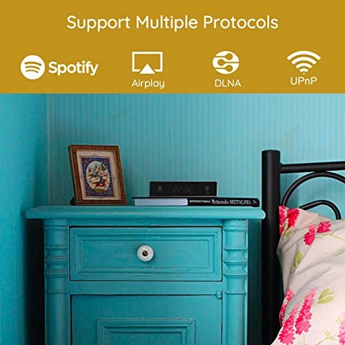 Bedside table with music streaming protocol logos above, including Spotify, Airplay, DLNA, and UPnP.