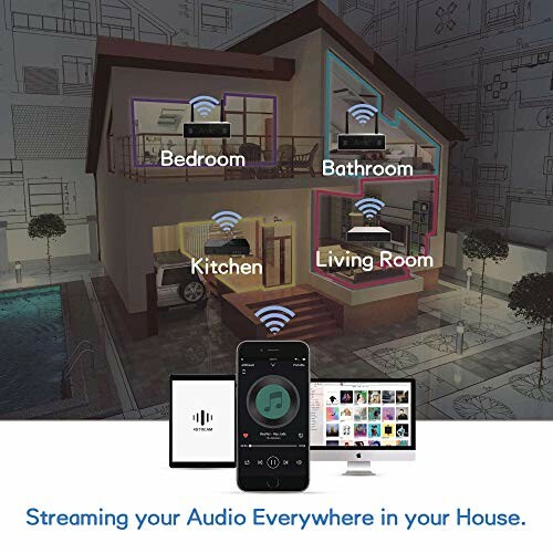 Illustration of a smart home with audio streaming in different rooms.