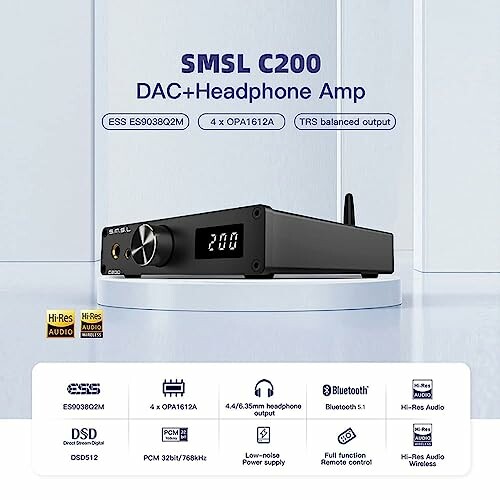 SMSL C200 DAC and headphone amplifier with features listed.