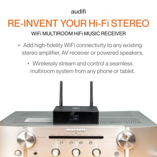 WiFi multiroom HiFi music receiver on stereo amplifier