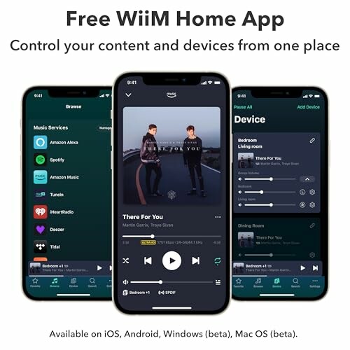 WiiM Home App interface on smartphones showcasing music services and device control.